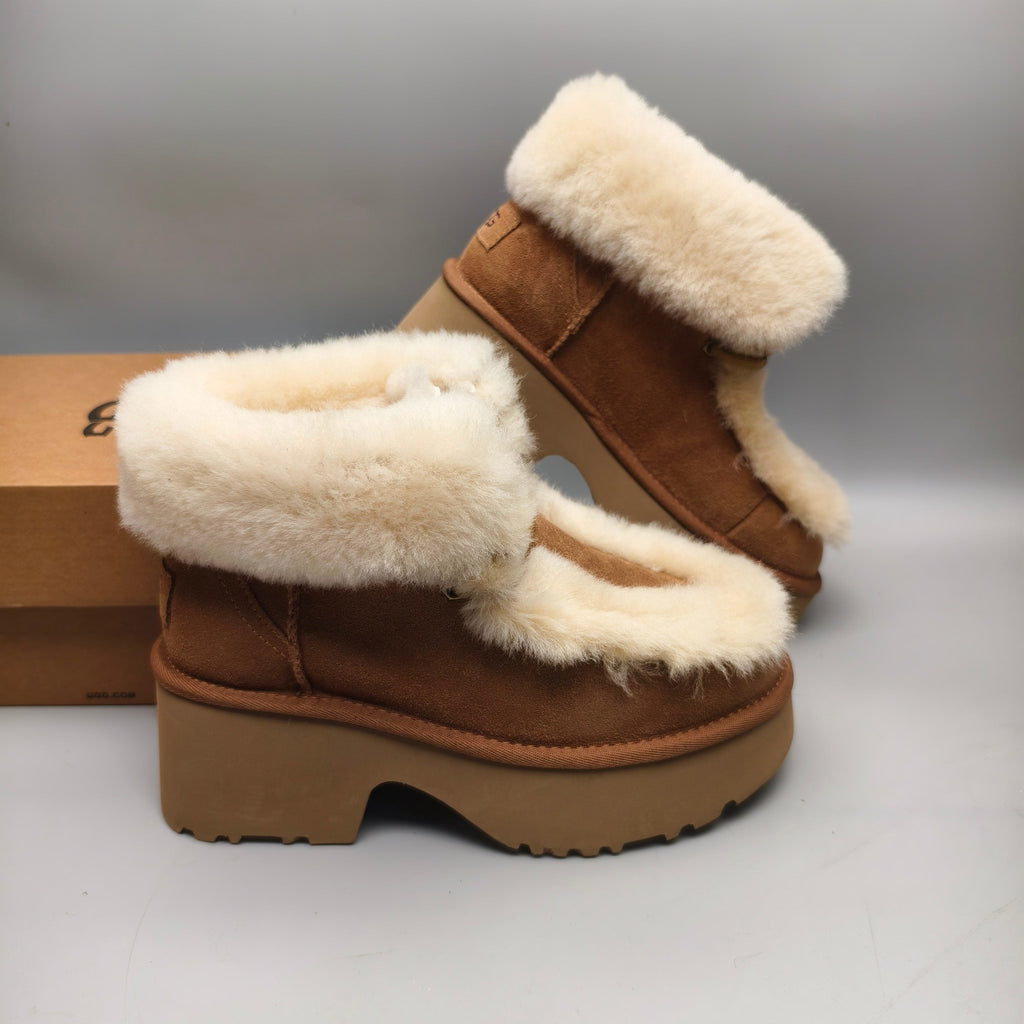 Chestnut Fluffy Lace-Up Wedge Ankle Boots — New Arrival | In Stock