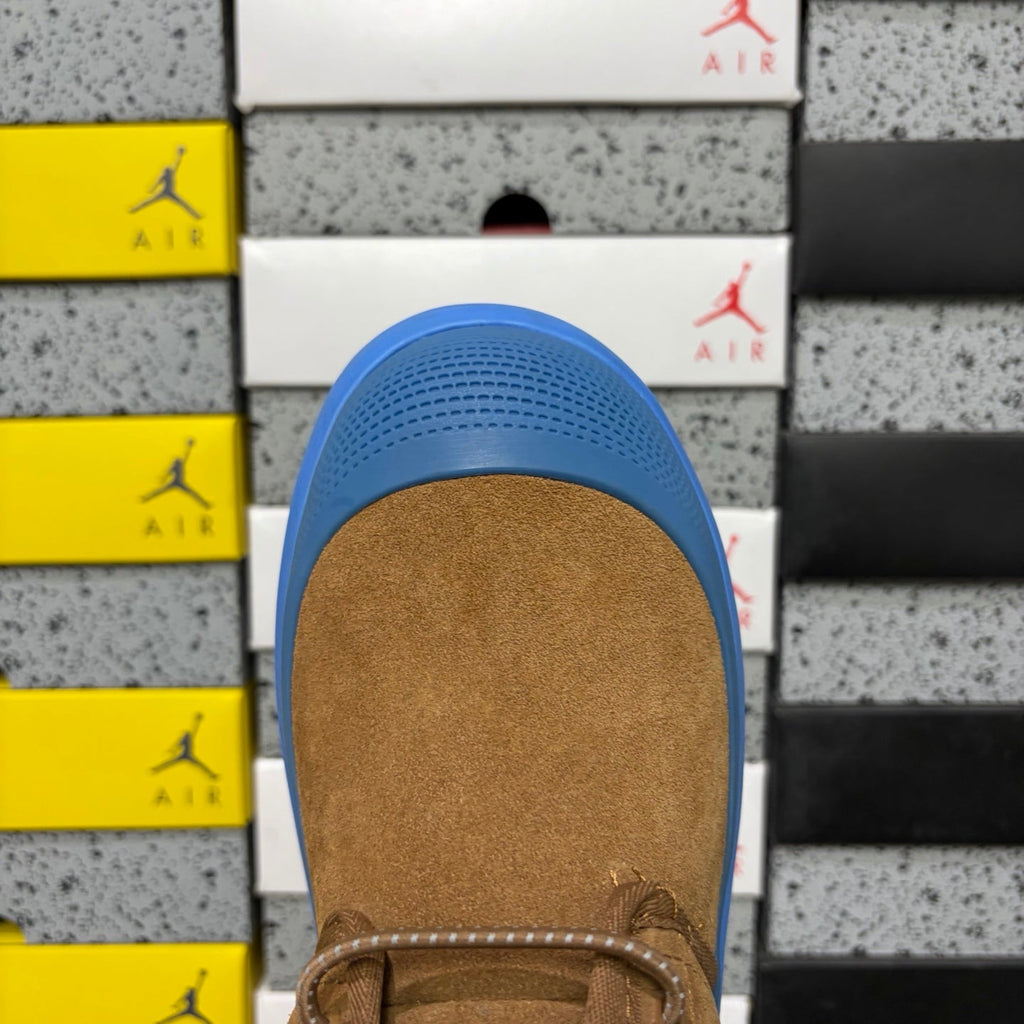 UGG Lace-Up Hiker Chukka Boot – Suede Boot with Blue Lug Sole, Knit Collar & Blue Eyelets in Tan