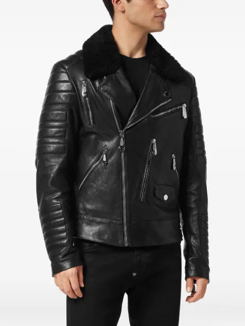 Philipp Plein leather biker jacket with shearling collar
