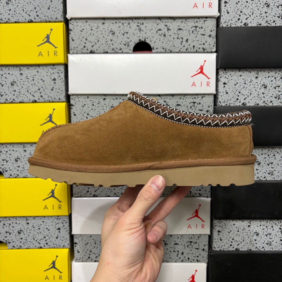 UGG Tasman Slip-On Slipper – Suede Moccasin with Shearling Lining, Brown & White Woven Collar & Sand Lug Sole in Chestnut