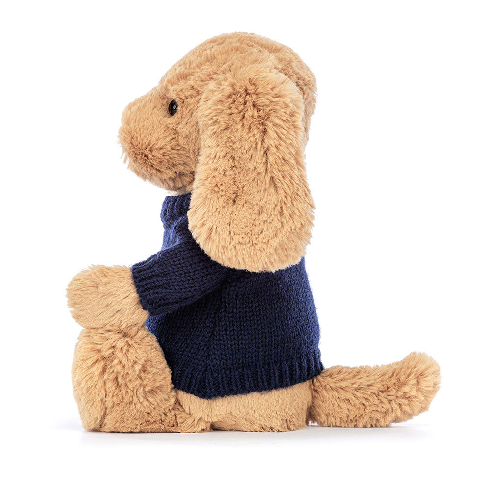 Bashful Toffee Puppy with Personalized Navy Jumper