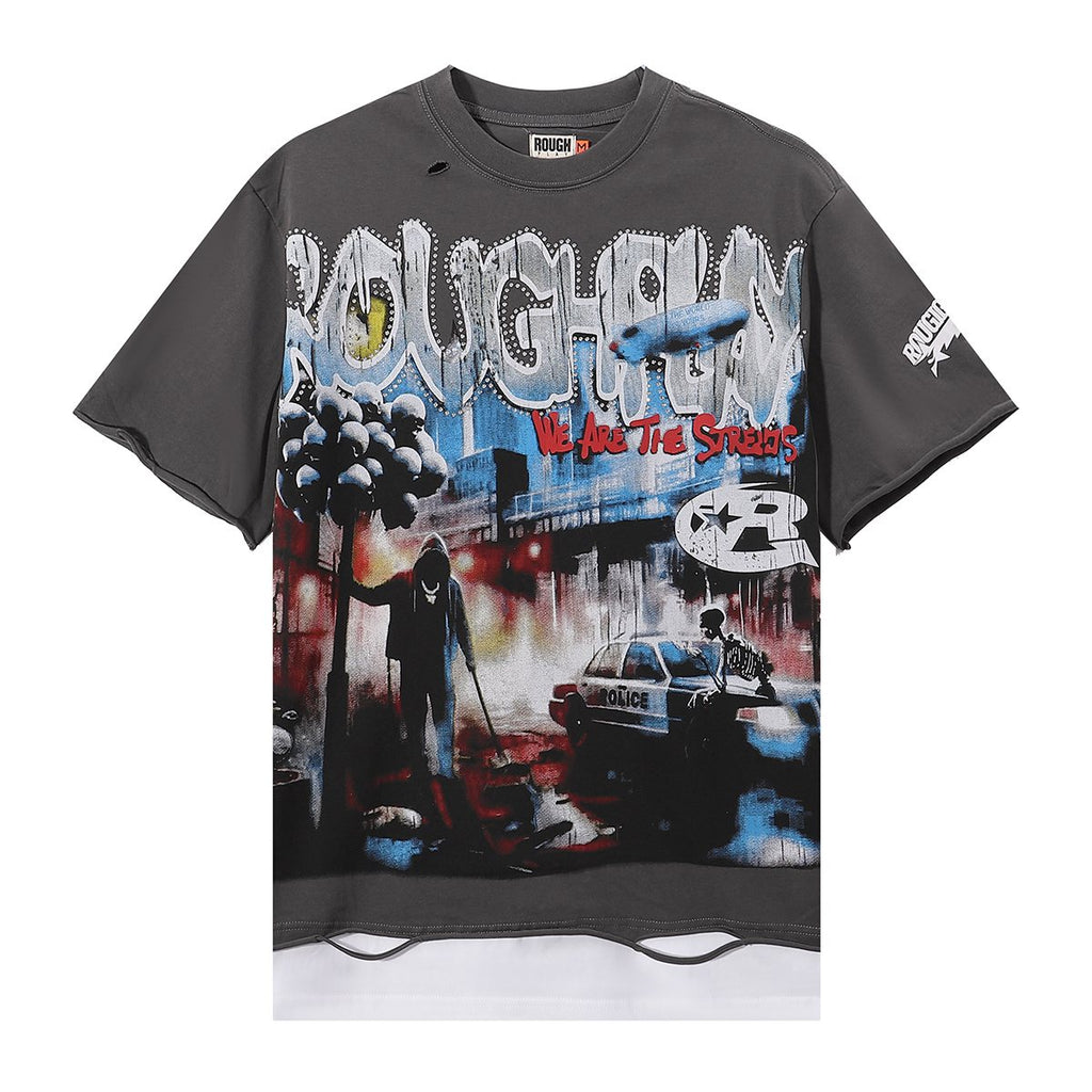 Rough Play Dark Gray Skull City Graphic T-Shirt