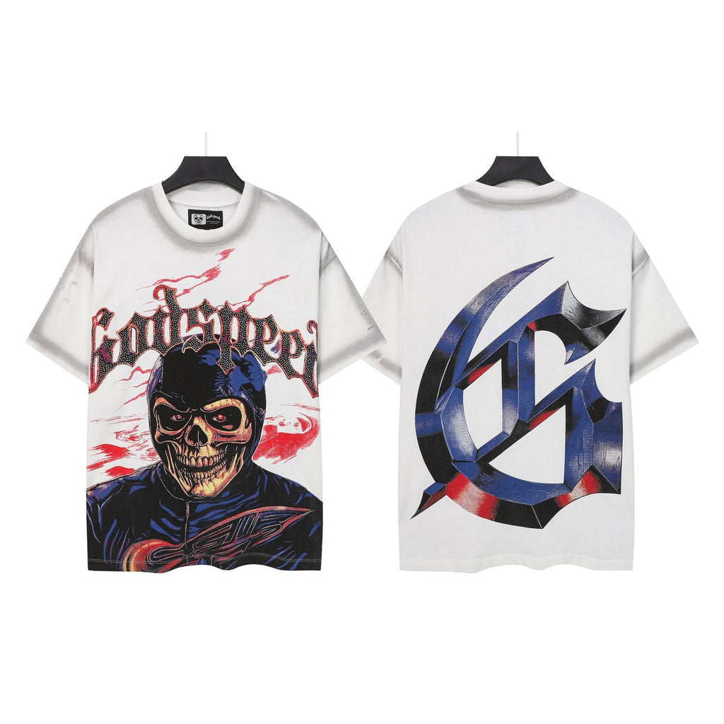 Godspeed Skull Graphic Distressed Sleeve T-Shirt