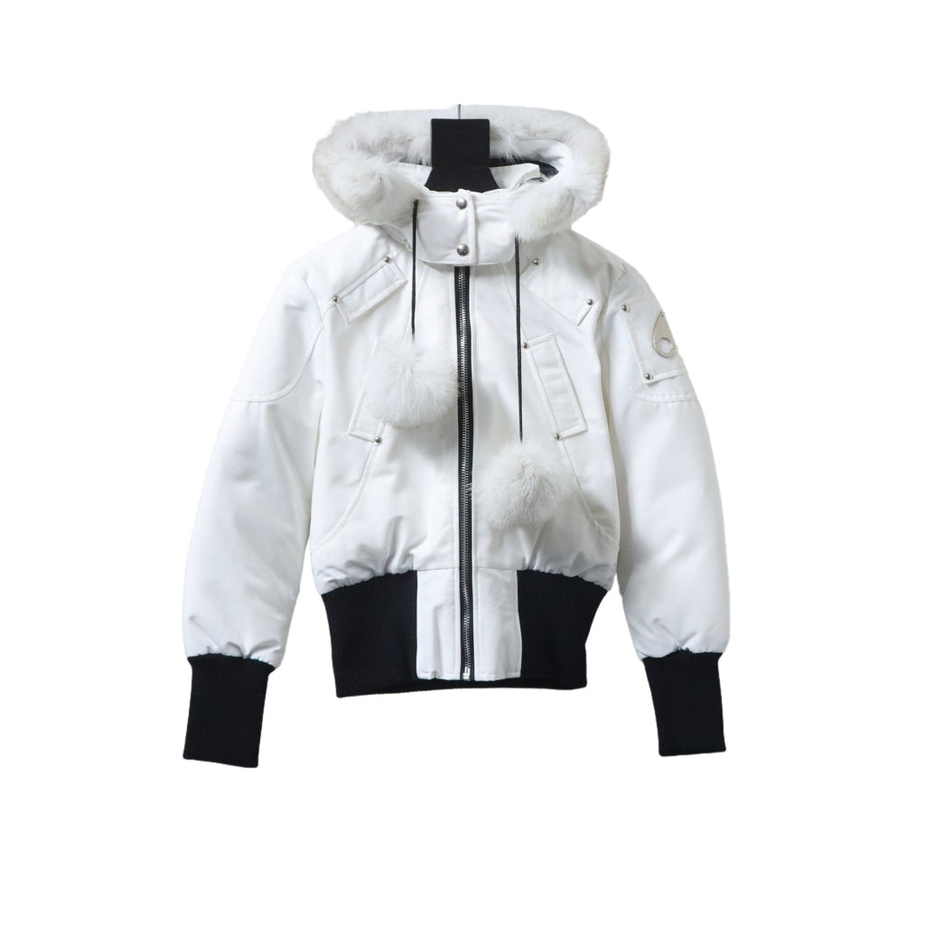 Moose Knuckles White Bomber Jacket Fox Fur Hood Black Ribbed Trim