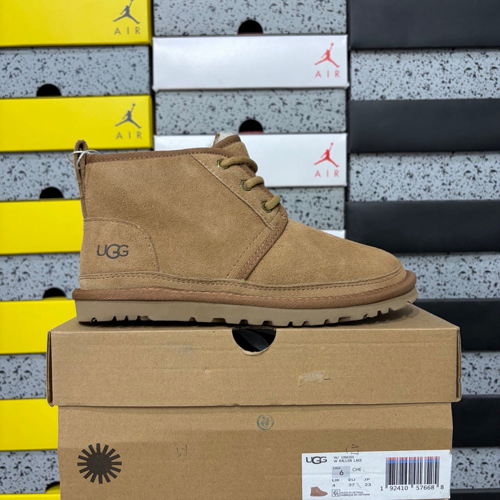 UGG Lace-Up Suede Ankle Boot with Shearling Lining, Gold Eyelet Hardware & Chunky Lug Sole in Chestnut