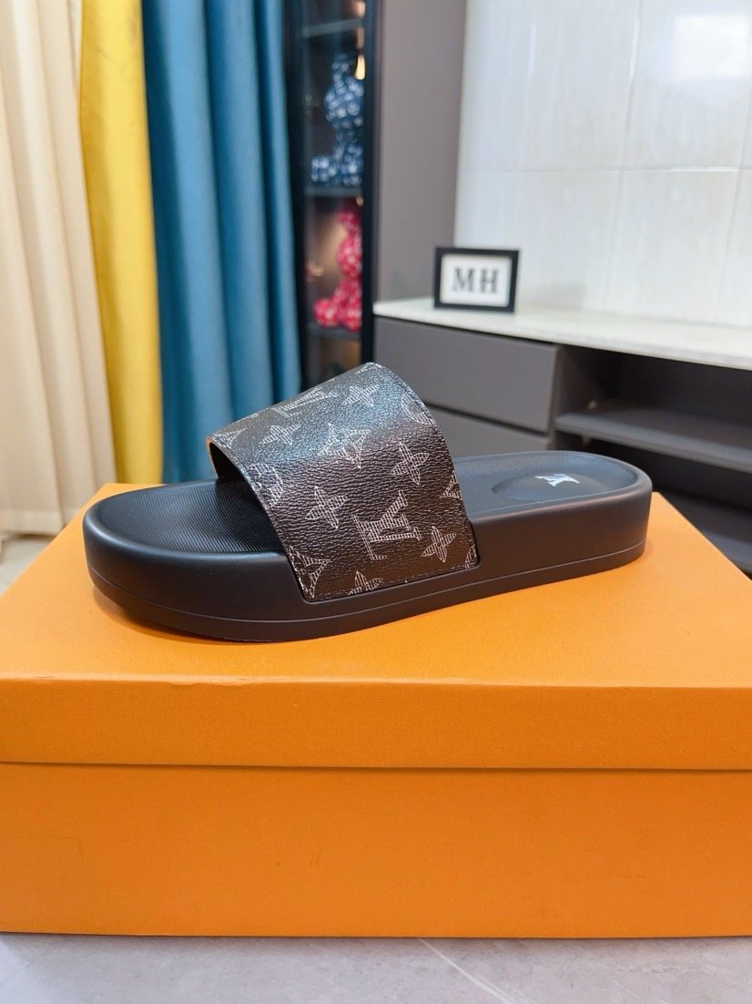 Louis Vuitton Men's Monogram Slide Sandals - Dark Brown and Black