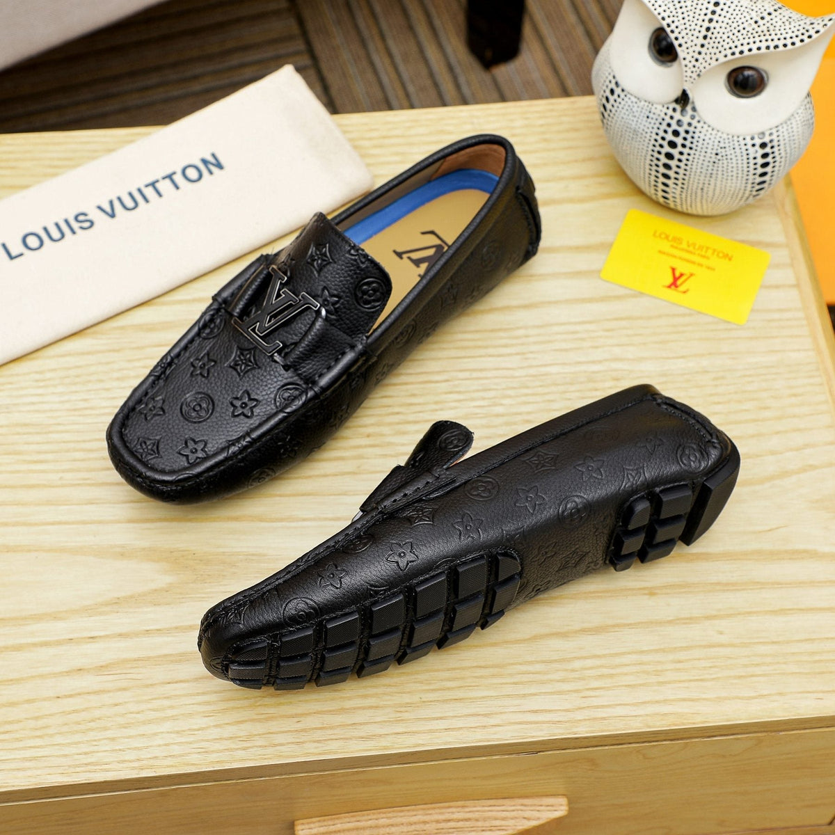 Louis Vuitton Black Embossed Driving Loafers - Raised Front Detail