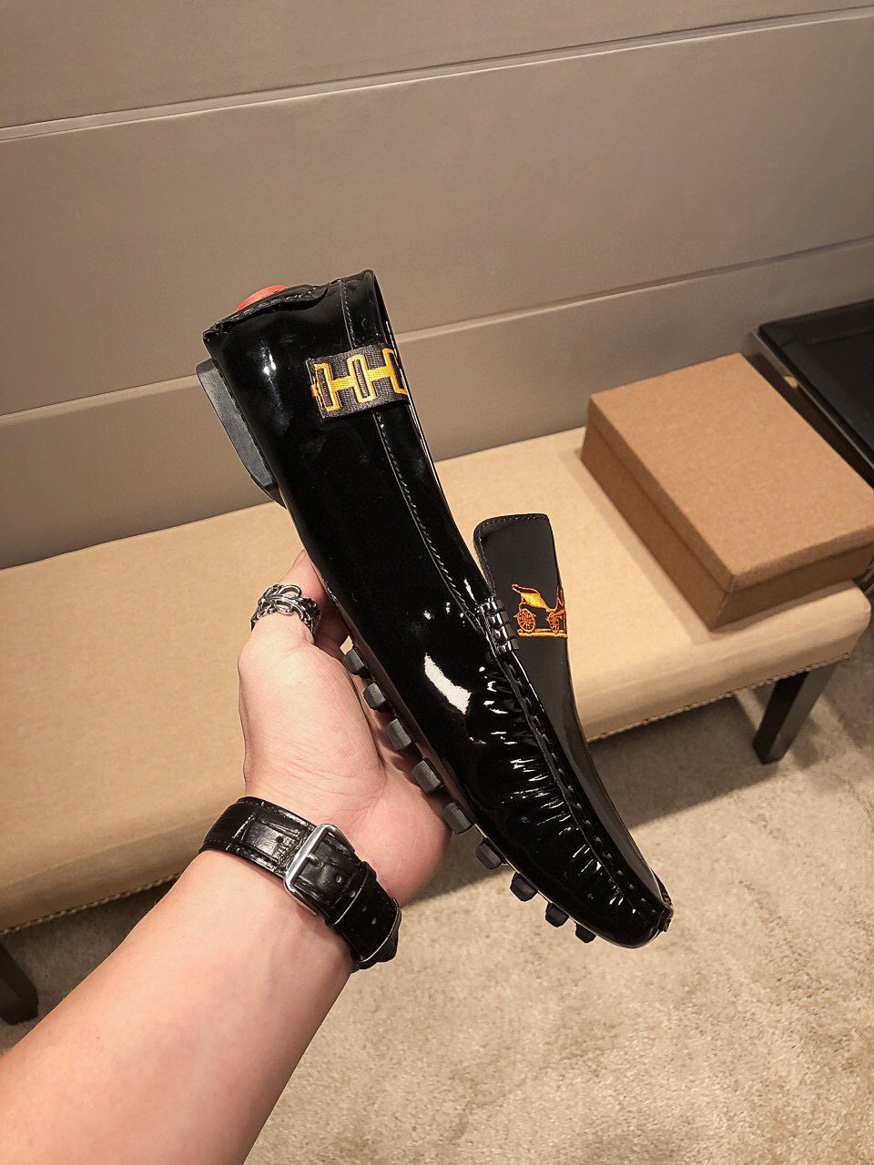 Hermès Black Glossy Hardware Loafers