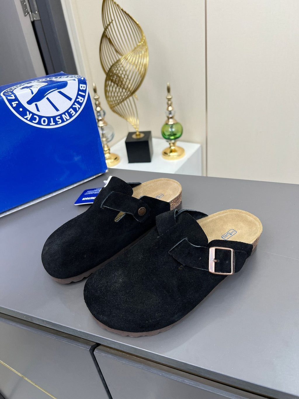 Birkenstock Black Suede Buckle Mule Clogs