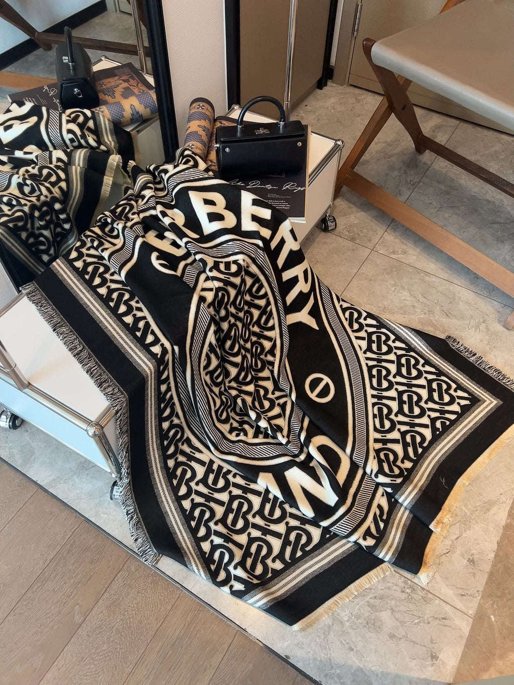 Burberry Black & Ivory Logo Square Scarf