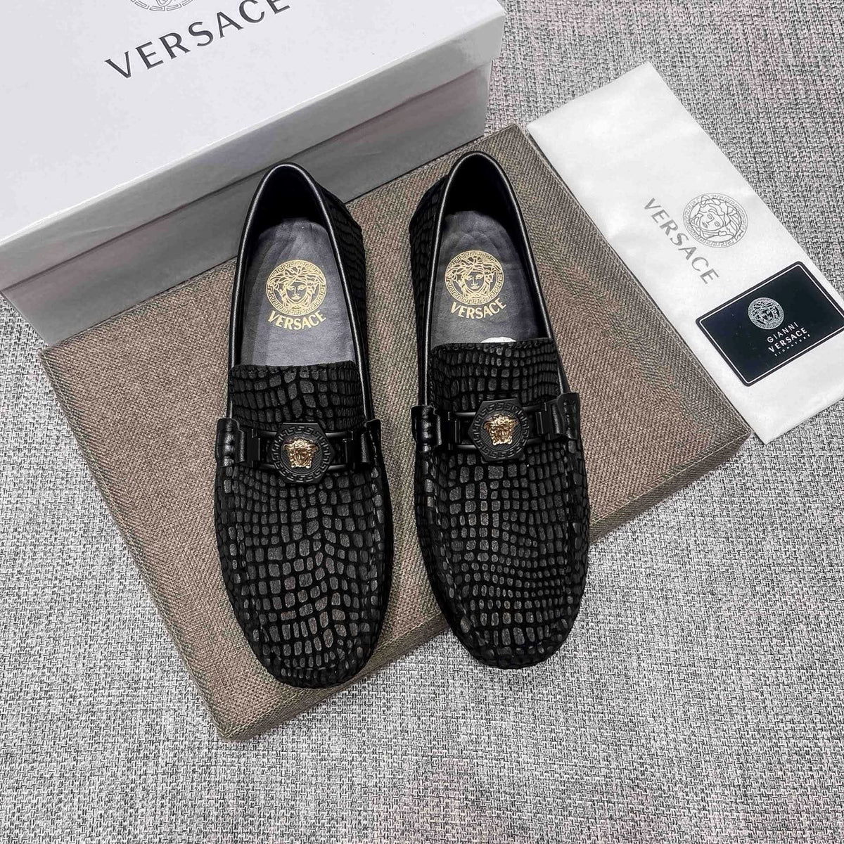 Versace Black Textured Driving Loafers