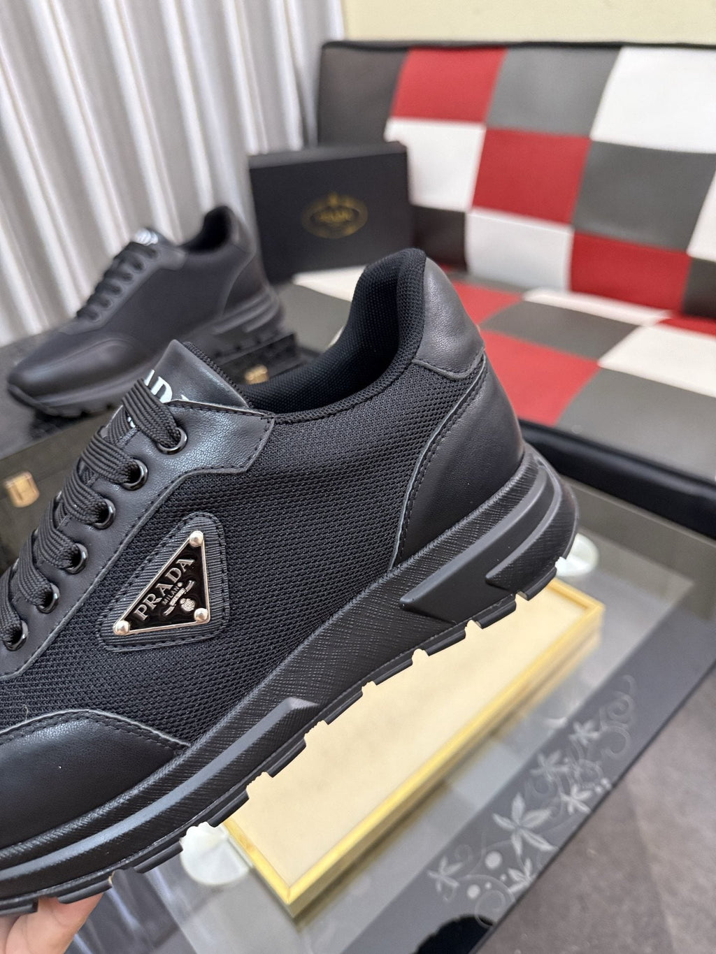 Prada Men's Triangle Plaque Low-Top Sneakers - Rubber Outsole