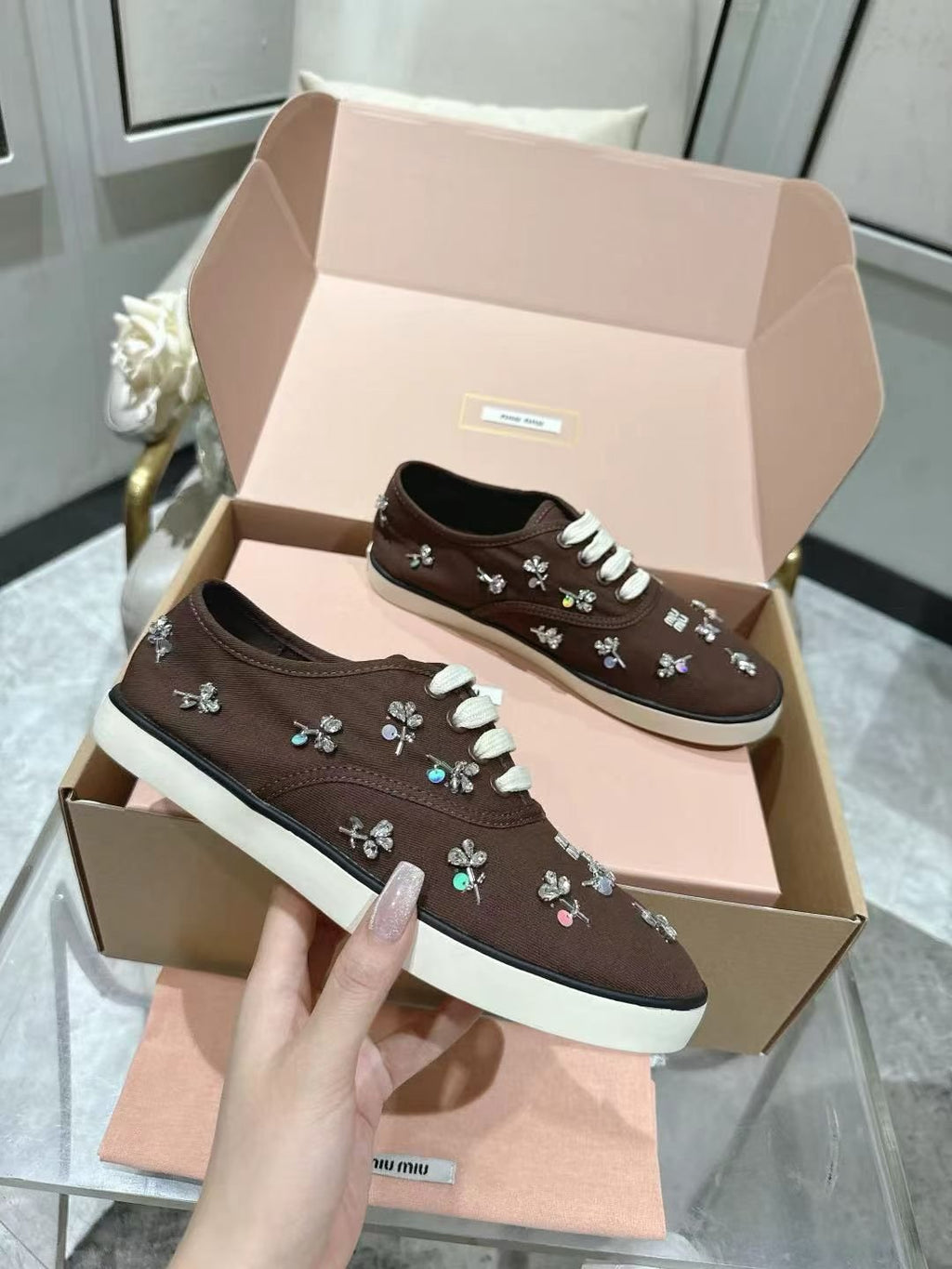 Miu Miu Floral Rhinestone Canvas Sneakers