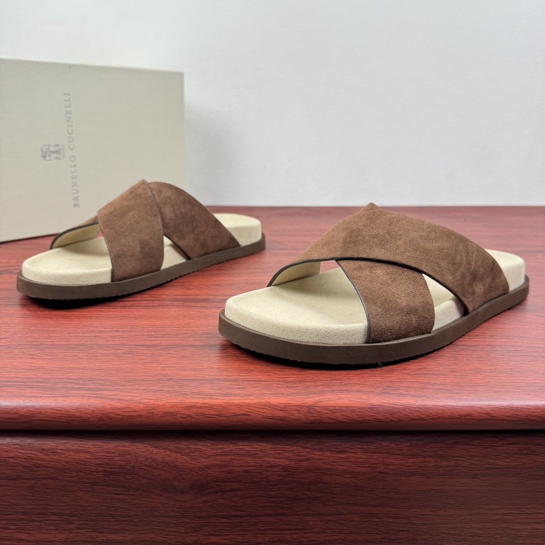 Brunello Cucinelli Men's Cross-Strap Slide Sandals - Low-Profile Dark Sole
