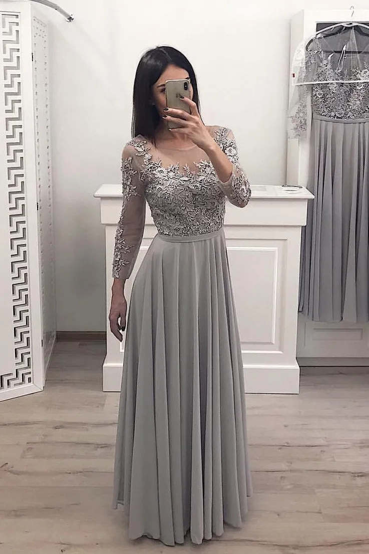 A Line Gray Chiffon Long Sleeves Prom Dress, Cheap Appliques Evening Gown OKI12