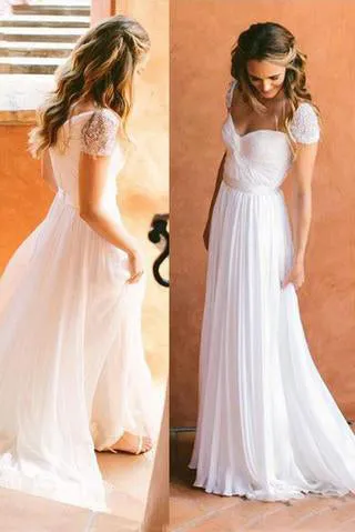Cheap Sweetheart Beading Cap Sleeves Chiffon A-Line Pleats Wedding Dresses OK772