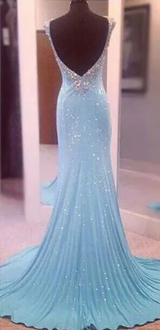 Modest V-Neck Sleeveless Sequins Blue Mermaid Backless Floor-Length Long Prom Dress OK397