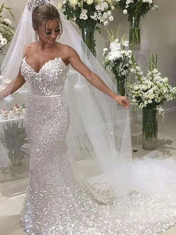 Sexy Mermaid Sweetheart Silver Full Sequins Long Wedding Dress Bridal Dress OK1512