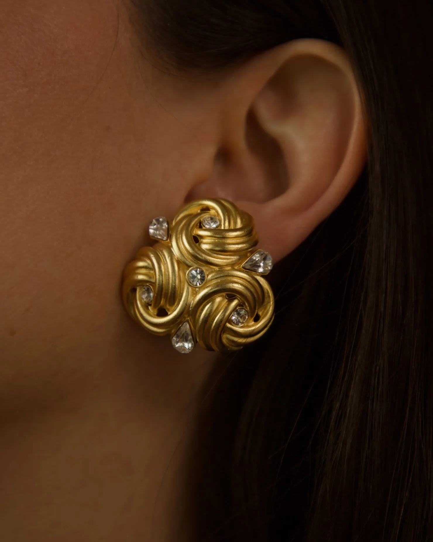 Vintage Matte Gold Rhinestone Knot Clip Ons